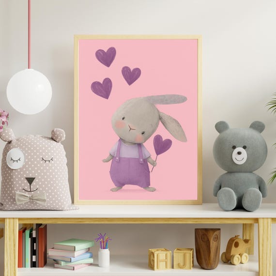 Cute Bunny With Hearts Wall Art Pink Nursery Animal Poster For Baby Girl Room Or Kids Valentine Decor
