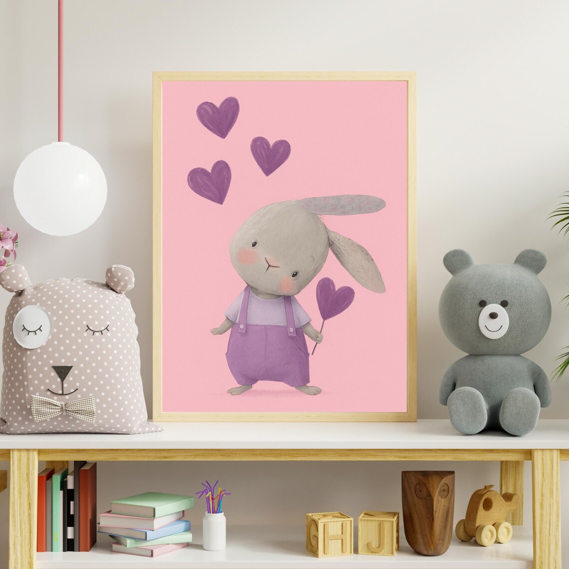 Cute Bunny Holding Heart Balloon Pink Valentines Nursery Art Print