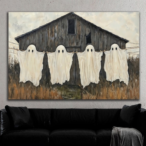 Ghosts Drying On The Rope Canvas Wall Art Surreal Halloween Decor Creepy Barn Painting Print Haunted Farmhouse Poster Gift Ready To Hang