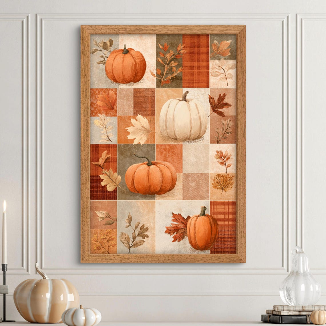 Fall Pumpkin Patchwork Wall Art Rustic Autumn Leaves Plaid Print Farmhouse Thanksgiving Home Decor