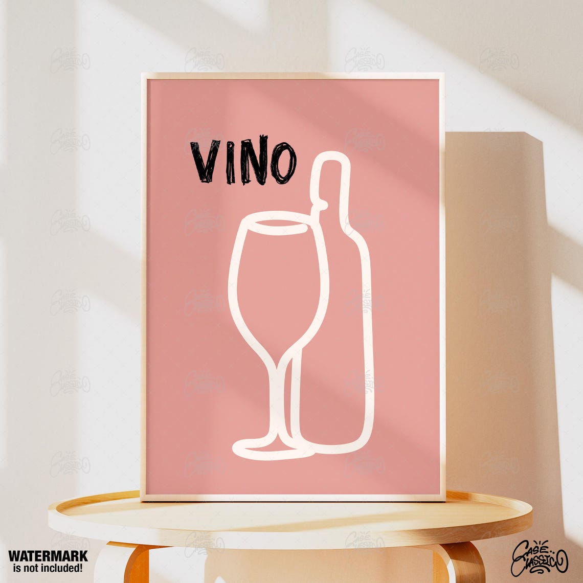 Vino Dusty Rose Poster With White Wine Glass and Bottle Line Art - Image 4