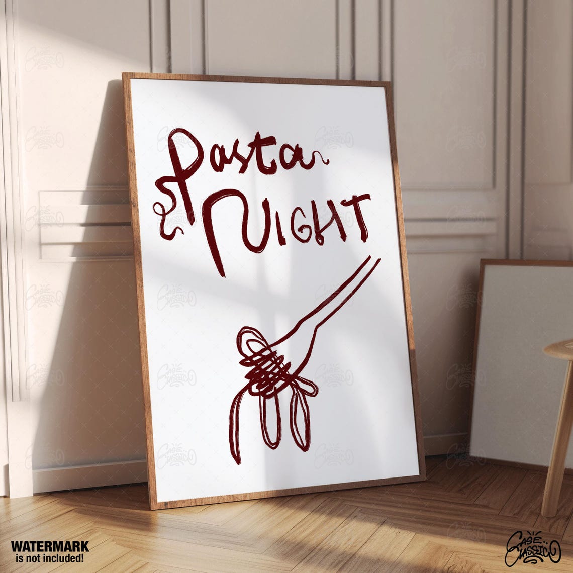 Pasta Night Maroon Script Fork Spaghetti Line Sketch Quote Poster - Image 3