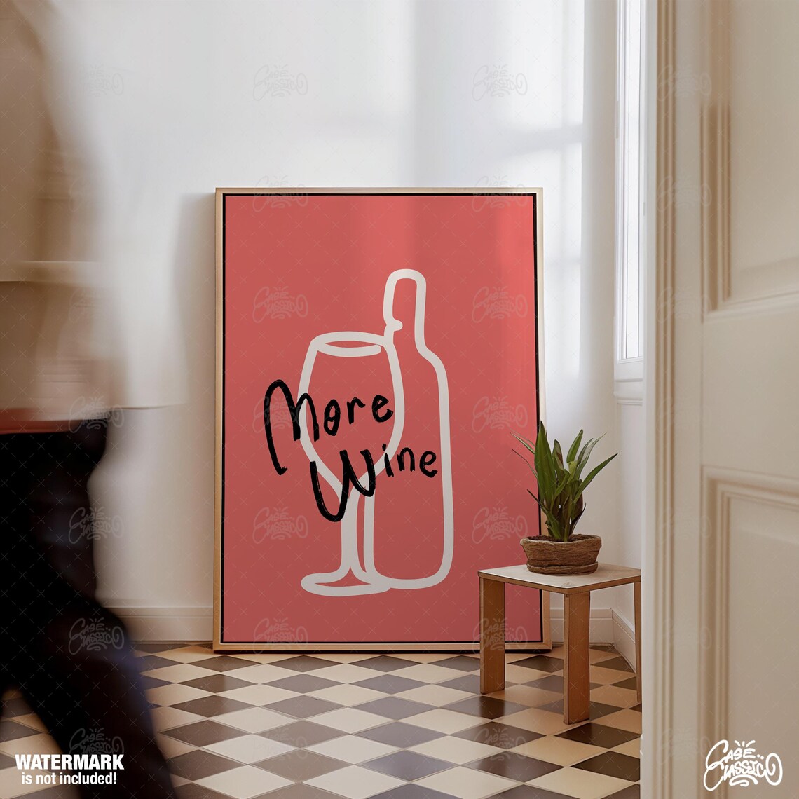 More Wine Coral Red Poster With White Line Art Glass and Bottle Design - Image 2