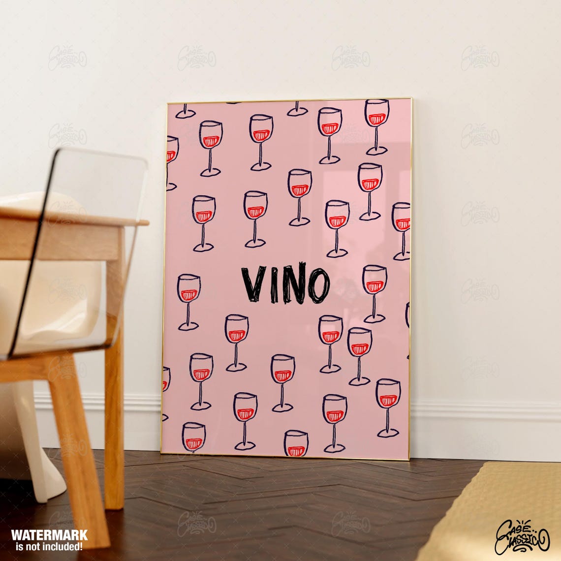 Vino Red Wine Glass Repeat Pattern Blush Pink Poster for Wine Lovers - Image 3