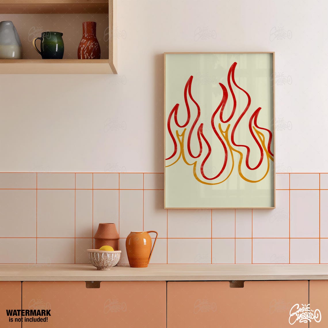 Red Orange Flame Line Art Modern Minimalist Fire Wall Poster - Image 2