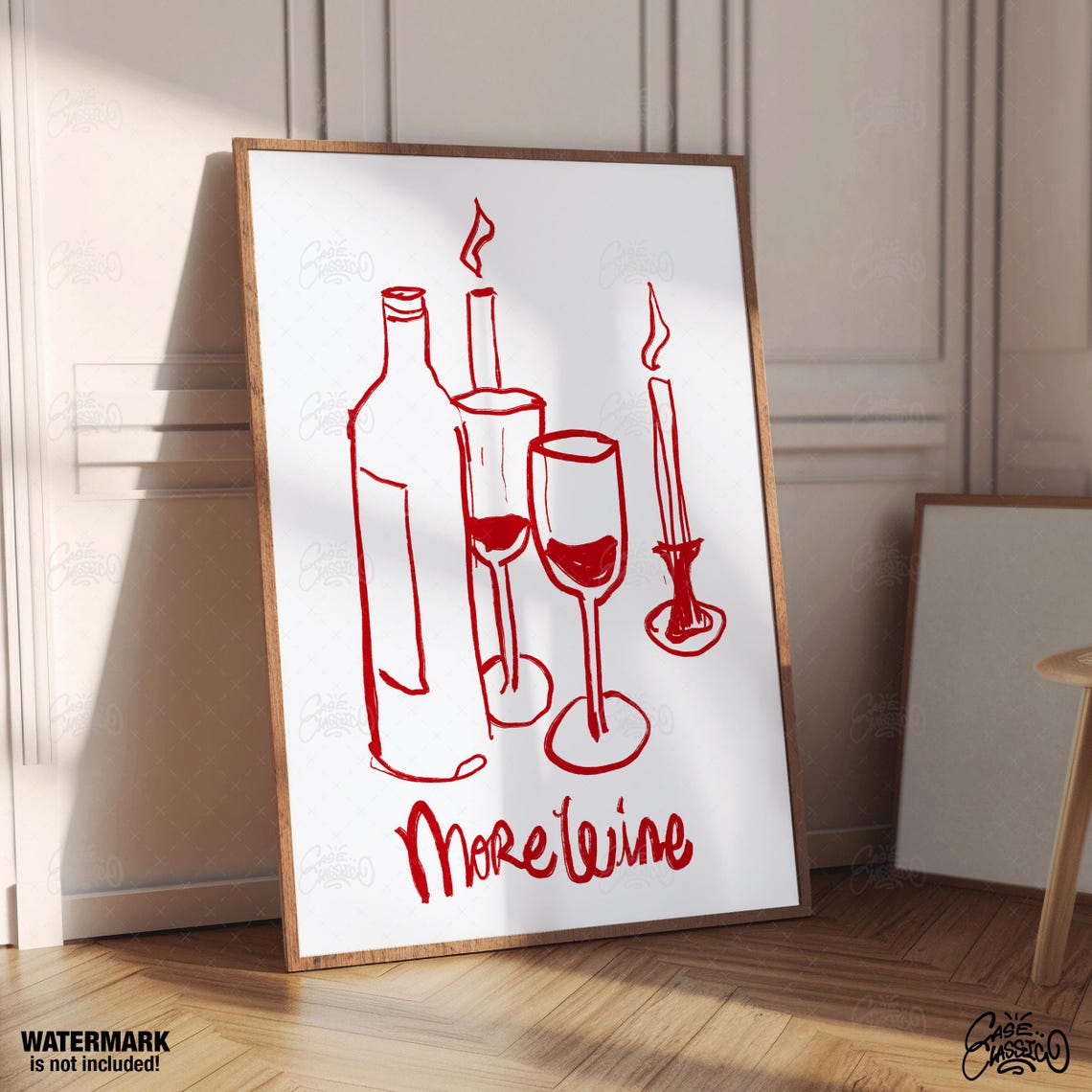 Red Line Art More Wine Poster With Bottle Glasses and Candle - Image 4