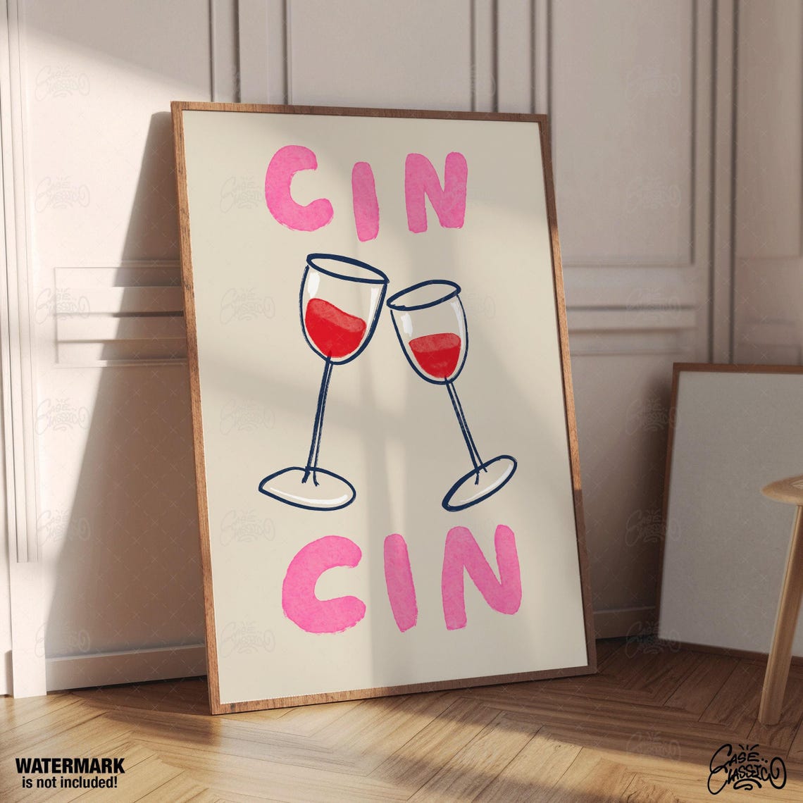 Cin Cin Wine Toast Poster With Two Glasses in Pink on Cream Design