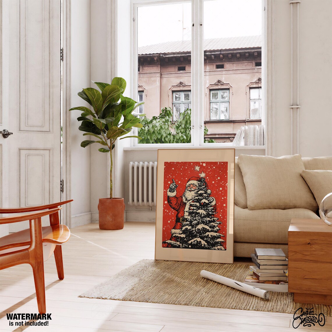 Retro Santa Claus Pointing at Starry Snow Night Holiday Poster - Image 3