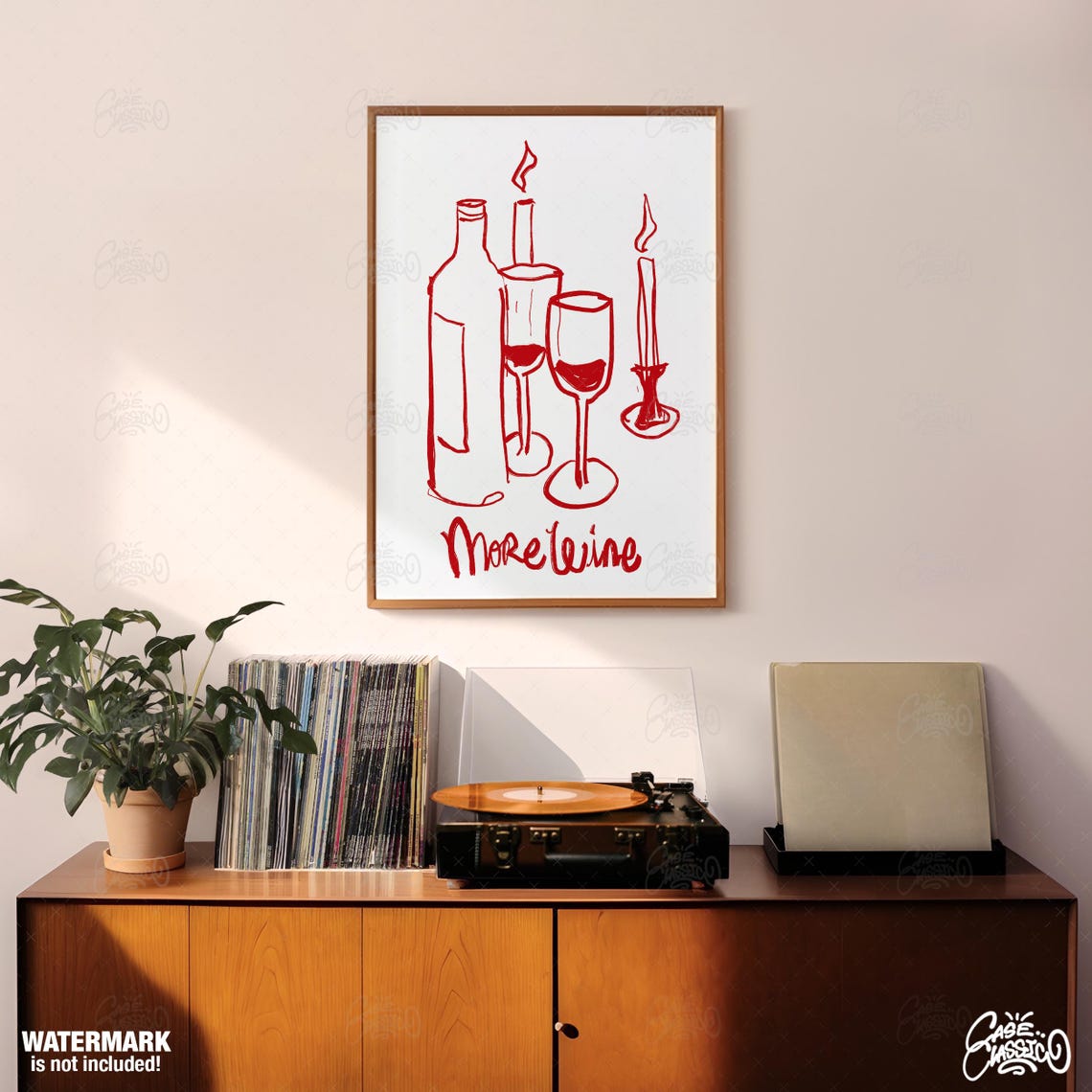Red Line Art More Wine Poster With Bottle Glasses and Candle - Image 3