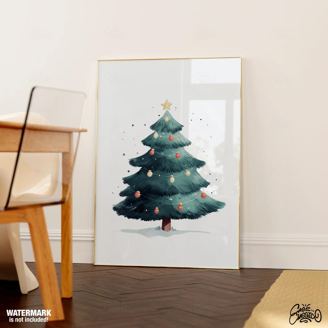 Teal Watercolor Christmas Tree with Red Ornaments Elegant Poster