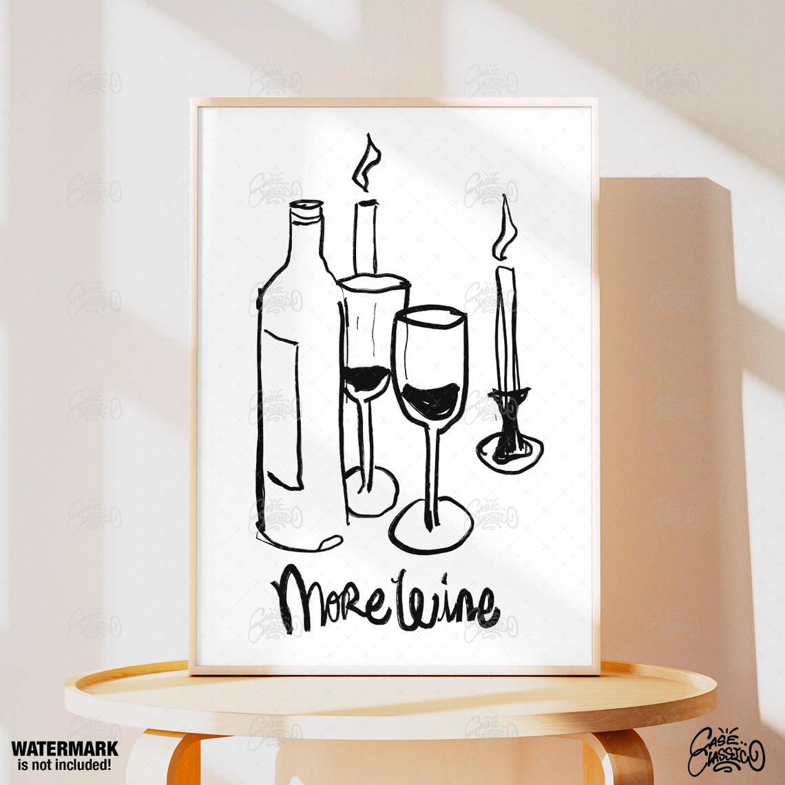 More Wine Black And White Wine Bottle And Glass Sketch Art Poster - Image 2