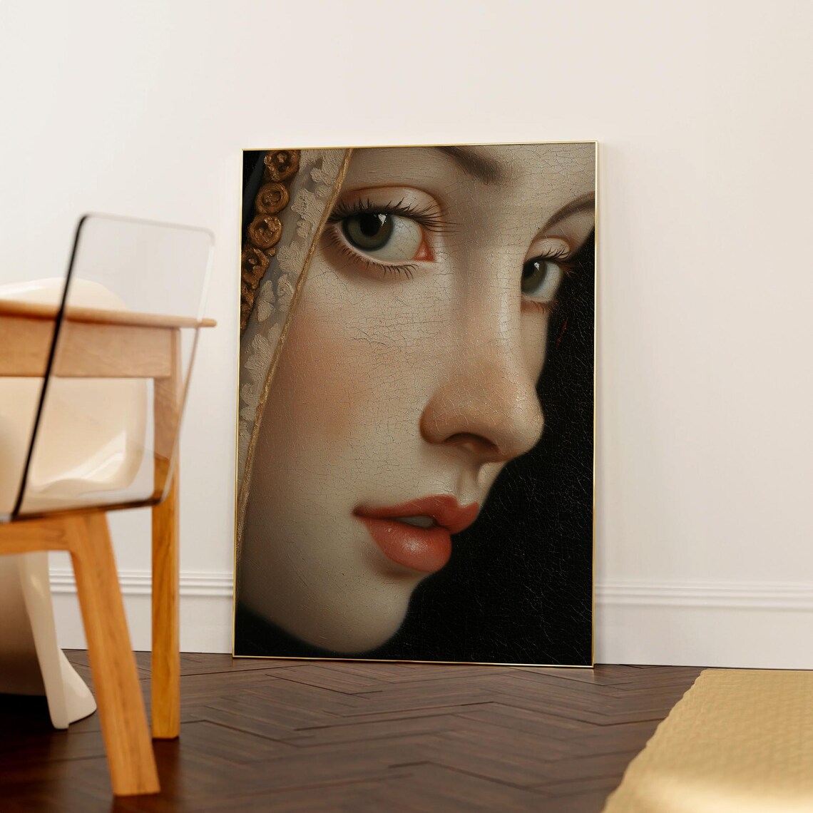 Renaissance Woman's Gaze Gold Veil Oil Painting Detail Poster - Image 2