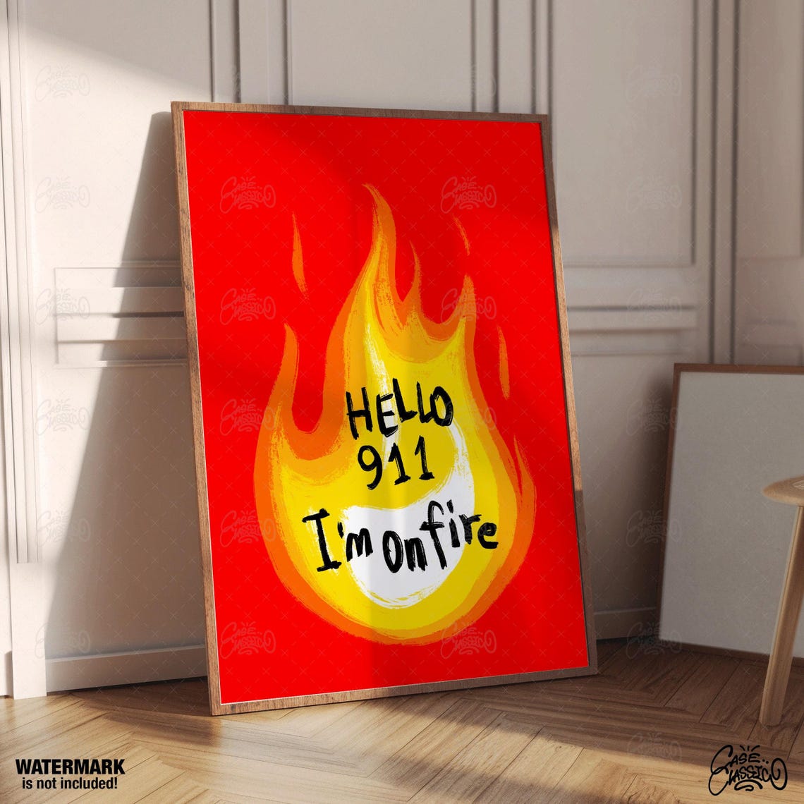 Cheeky Hello 911 I'm On Fire Burning Red Flame Statement Poster - Image 4