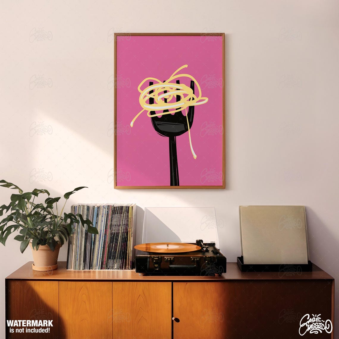 Spaghetti Fork Twirl Pink Background Playful Pasta Art Poster - Image 3