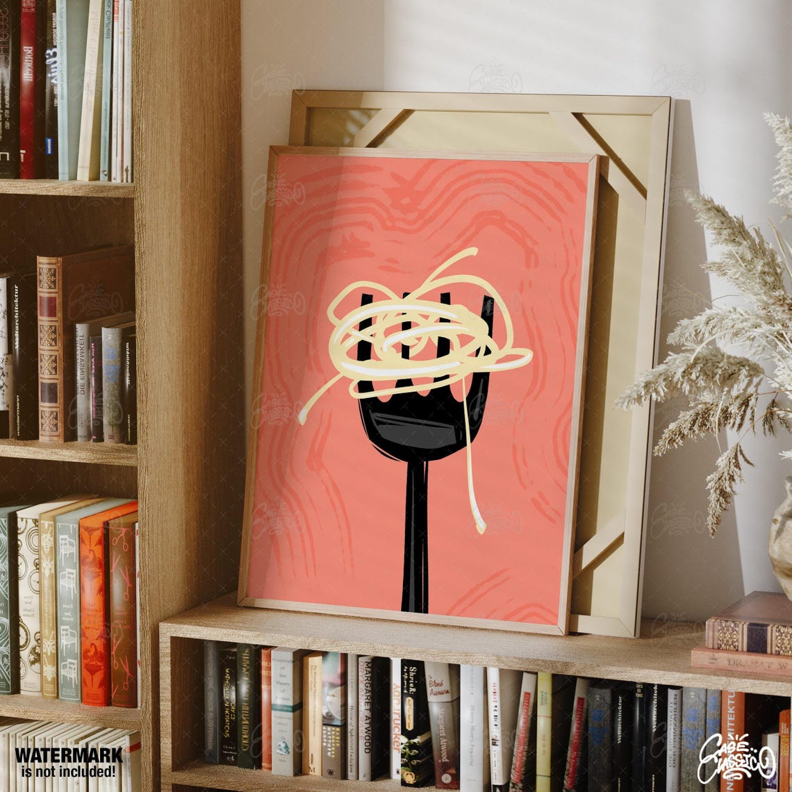 Spaghetti Twirled on Fork Coral Pink Minimalist Food Art Poster - Image 2