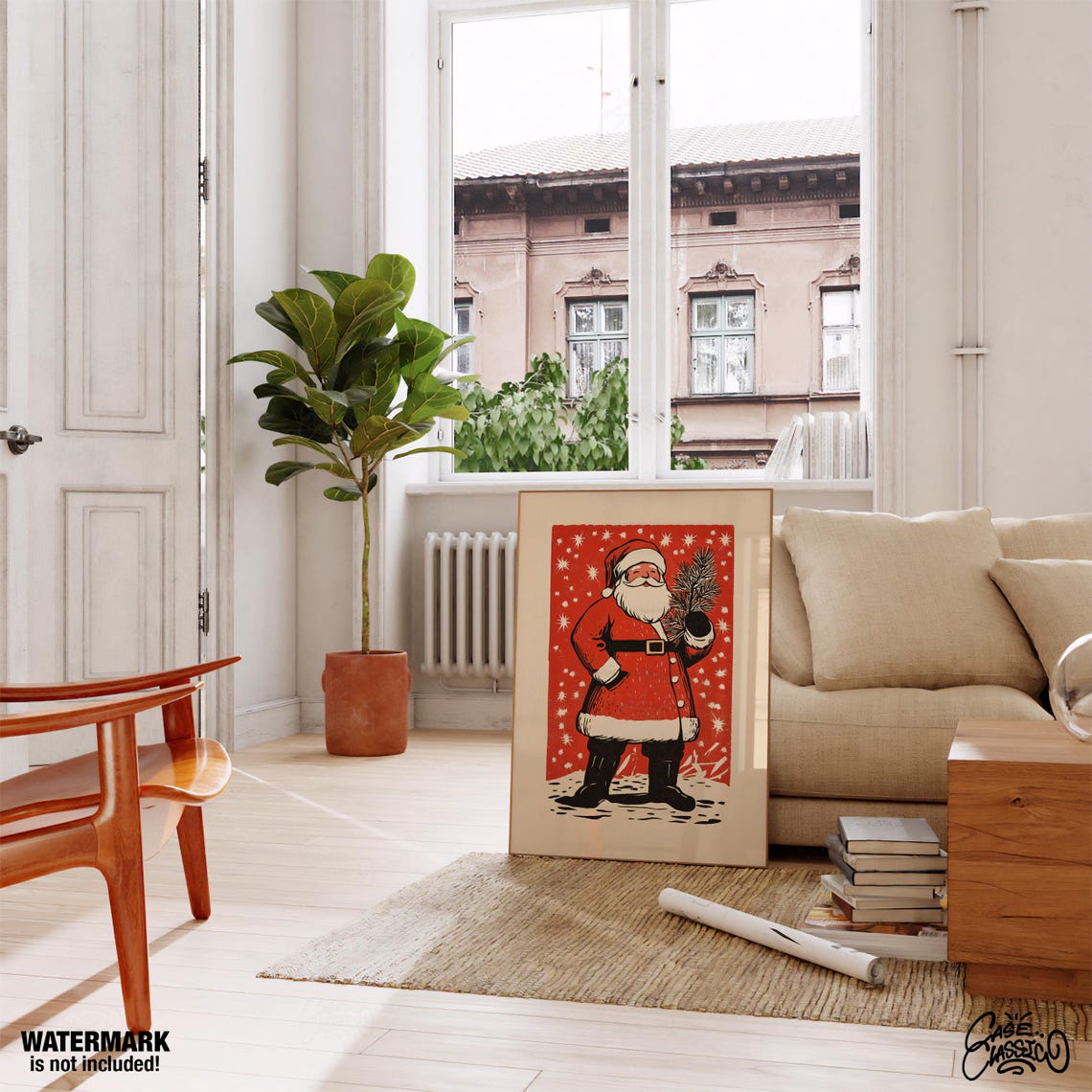 Vintage Red Santa Claus Holding Pine Branch Retro Holiday Poster - Image 3