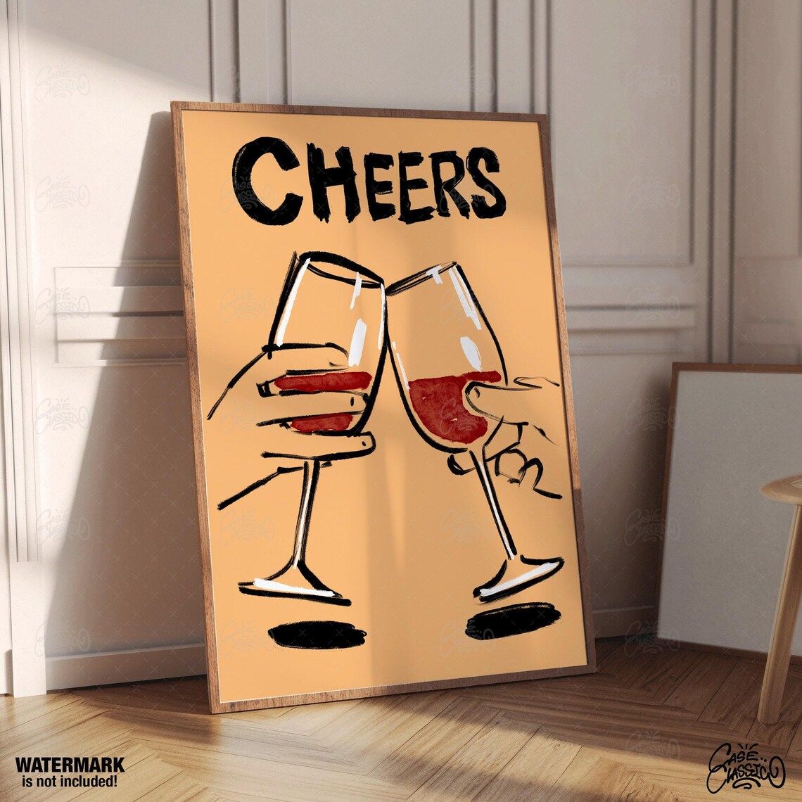 Cheers Toasting Wine Glasses Poster With Hands on Mustard Background - Image 3