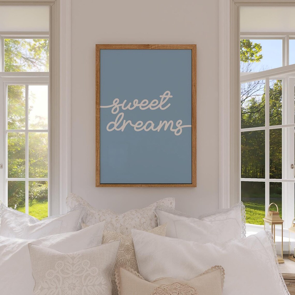 Sweet Dreams White Script Blue Aesthetic Minimalist Bedroom Quote Poster