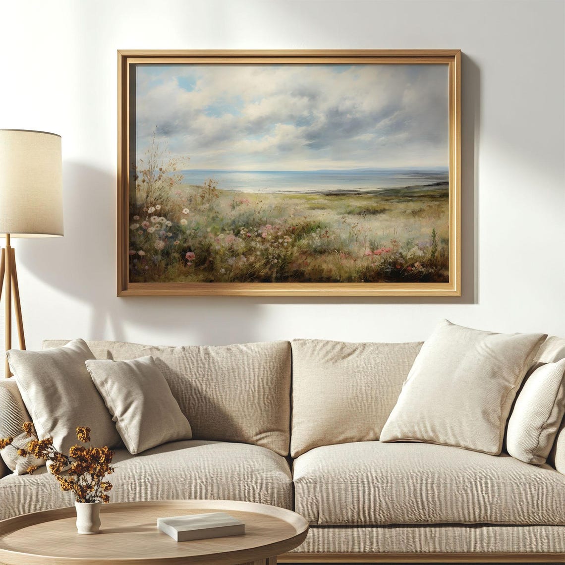 Coastal Wildflower Meadow Cloudy Sky Calm Seaside Landscape Poster - Image 4