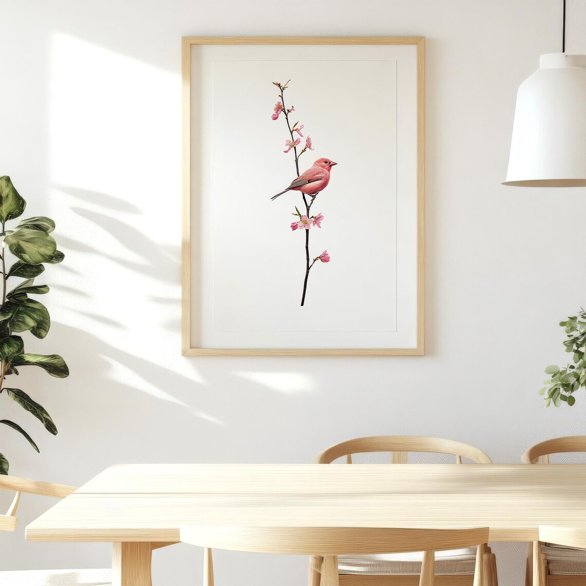 Pink Songbird on Blossoming Branch Minimalist Floral Nature Wall Art - Image 5