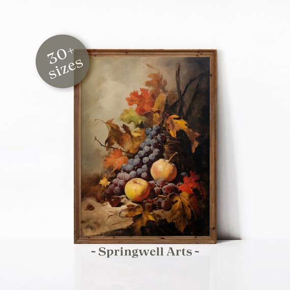 Autumn Still Life Grapes Apples And Fall Leaves Vintage Fruit Poster