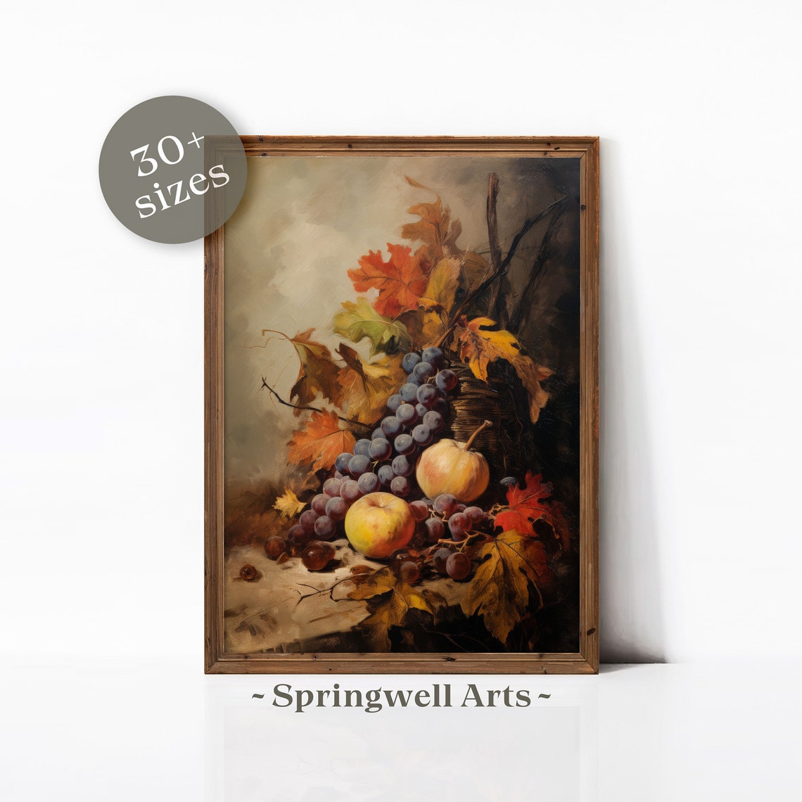 Autumn Still Life Grapes Apples And Fall Leaves Vintage Fruit Poster