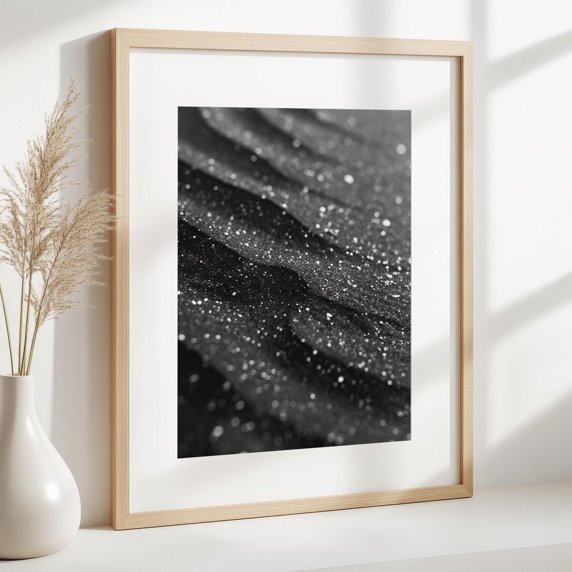 Black White Beach Sand, Minimalist Seashore Art Print