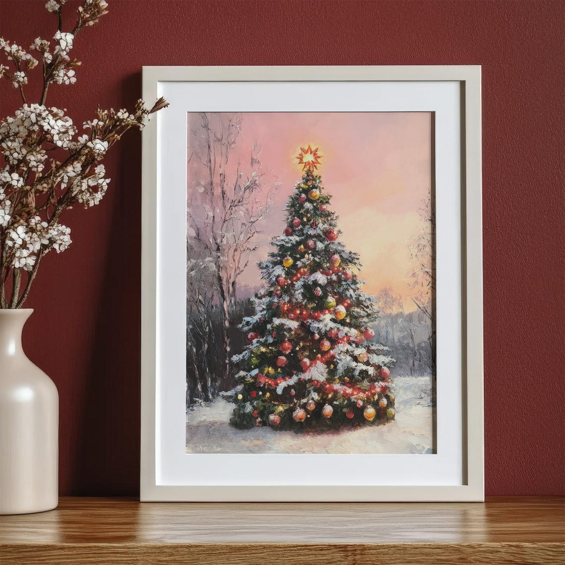 Decorated Christmas Tree Ornaments Glowing Star Snowy Art Poster - Image 3