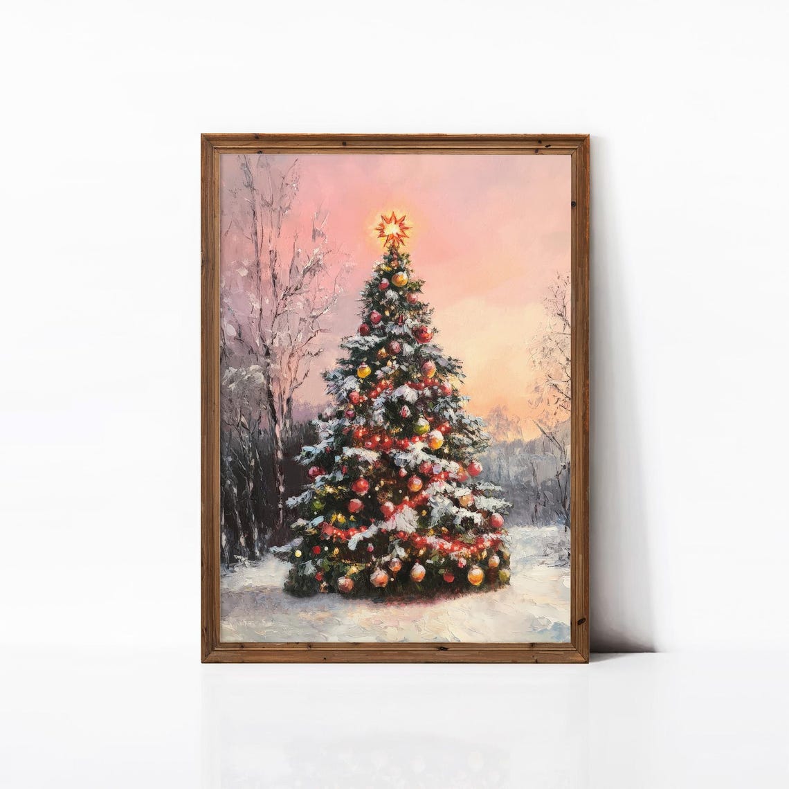Decorated Christmas Tree Ornaments Glowing Star Snowy Art Poster