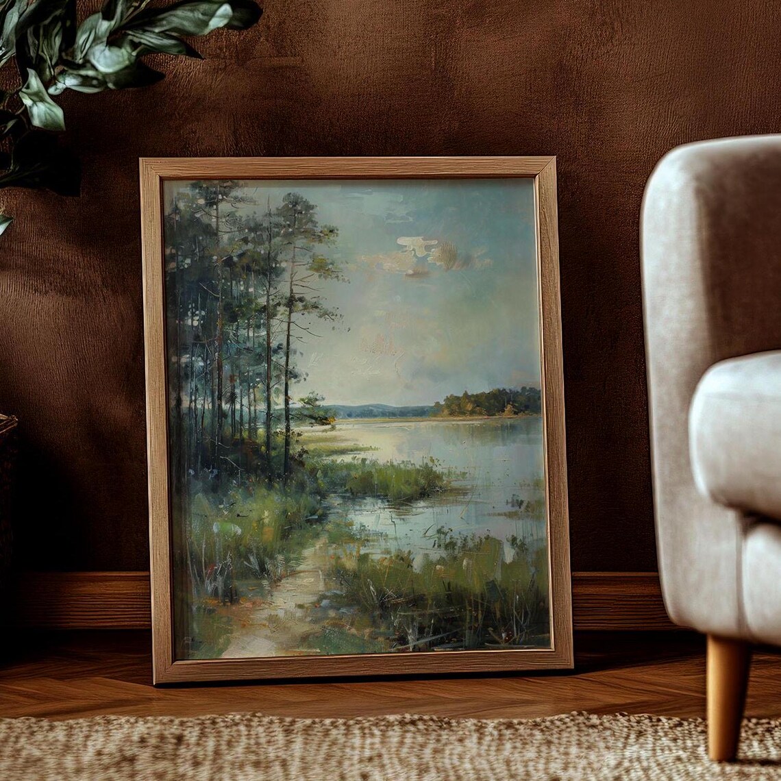 Vintage Lakeside Landscape Painting, Rustic Home Decor - Image 2
