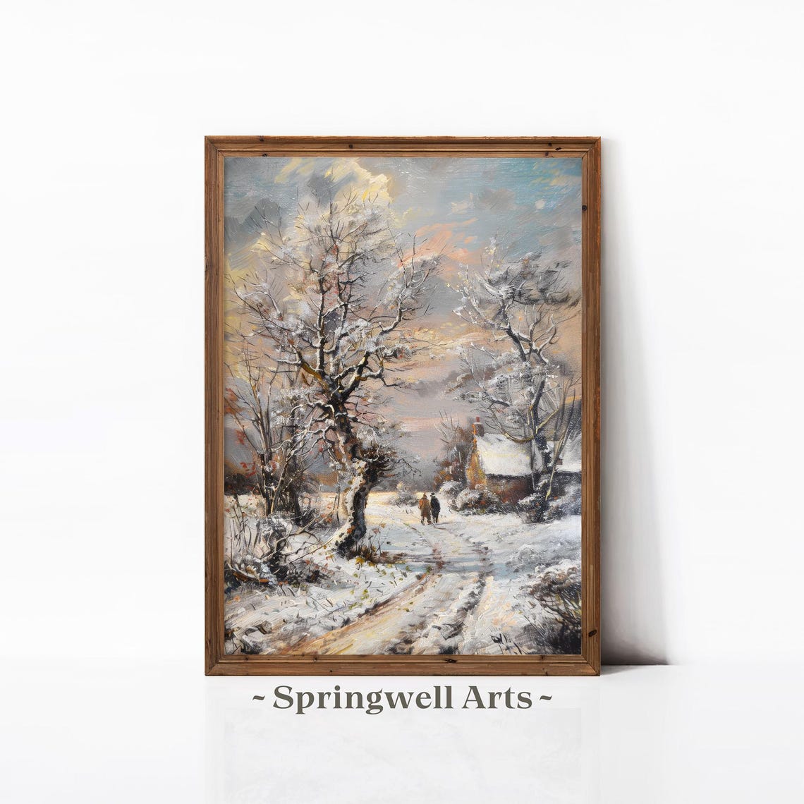 Snowy Country Road Couple Walking Winter Cottage Dusk Art Poster