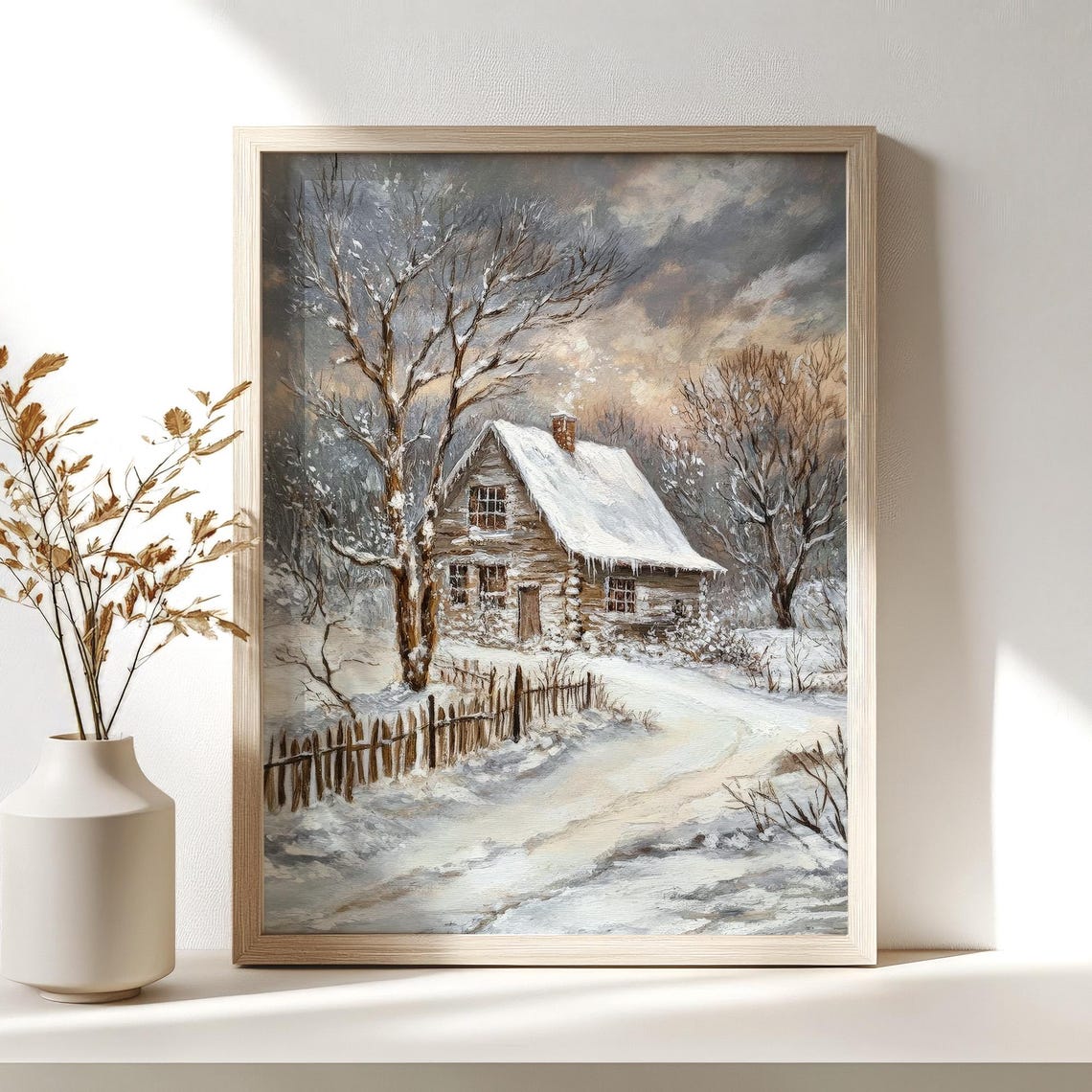 Snowy Cabin Winter Forest Cozy Rustic Dusk Landscape Art Poster - Image 4