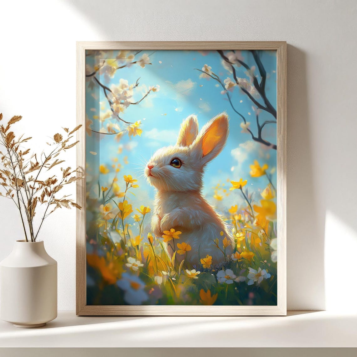 Cute Easter Bunny Print Spring Rabbit Poster Yellow Wildflowers Nursery Kids Room Decor Instant Wall Art - Image 4