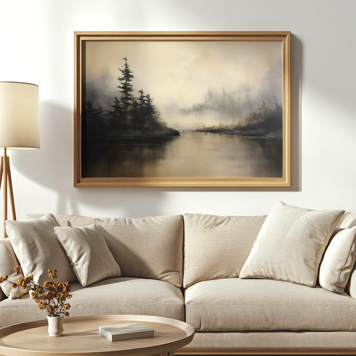 Moody Misty Forest Lake Landscape Minimalist Nature Painting Poster - Image 4