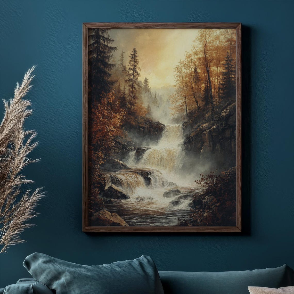 Autumn Forest Waterfall Golden Cascades Vintage Woodland Scene Poster