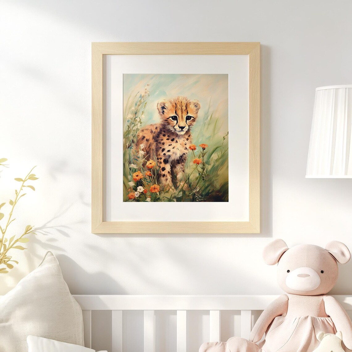 Baby Cheetah Cub Flower Painting Cute Safari Nursery Wall Decor Poster - Image 4