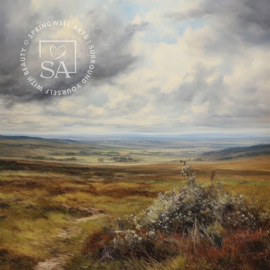 Serene Prairie Landscape Under Cloudy Sky Vintage Countryside Poster - Image 2