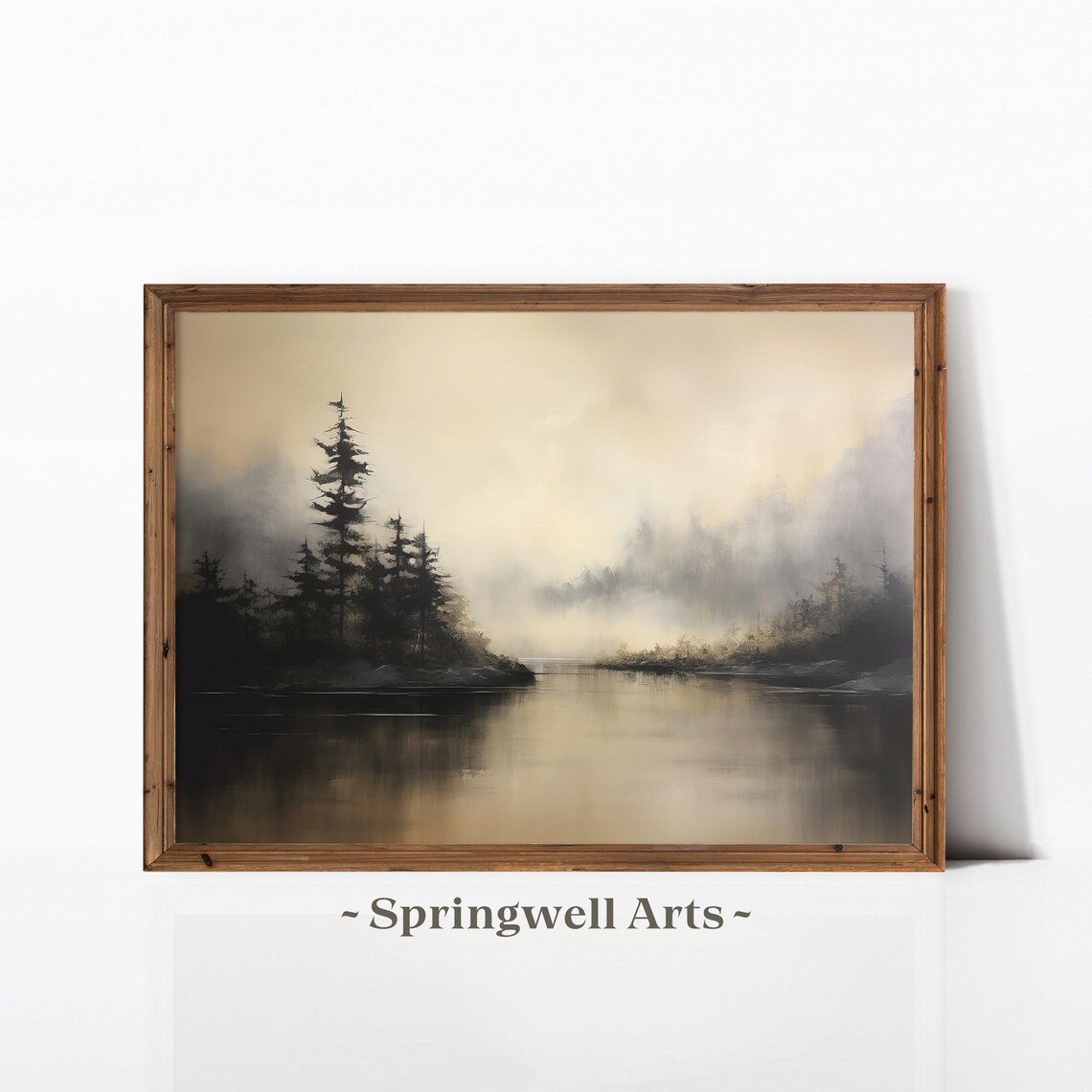Moody Misty Forest Lake Landscape Minimalist Nature Painting Poster