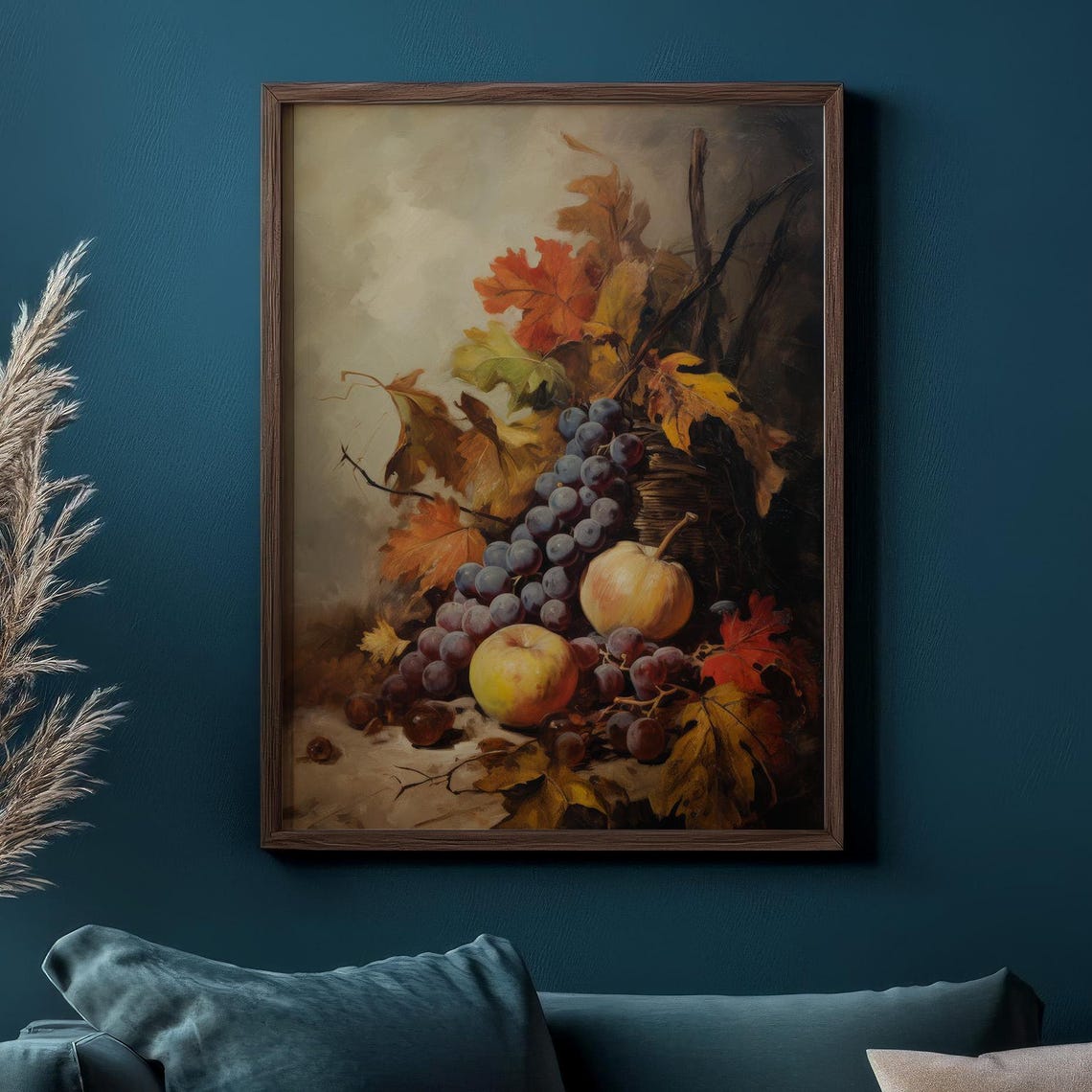 Autumn Still Life Grapes Apples And Fall Leaves Vintage Fruit Poster - Image 2