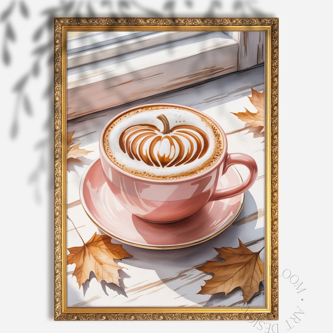 Pumpkin Spice Latte Art Print Pink Coffee Cup Autumn Decor