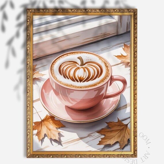 Pumpkin Spice Latte Art Print Pink Coffee Cup Autumn Decor