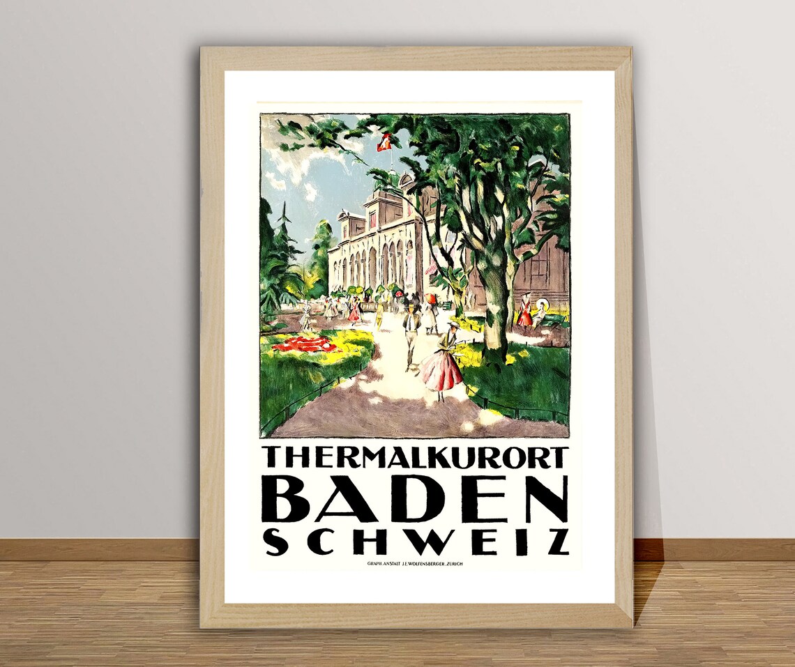 Thermalkurort Baden Switzerland Spa Gardens Vintage Travel Poster