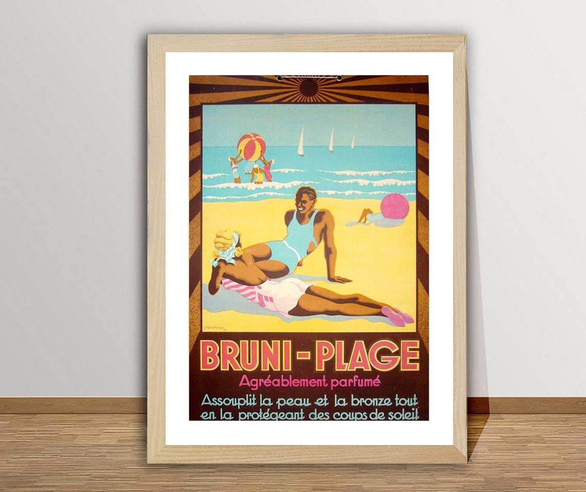 Bruni Plage Sun Tan Beach Vintage French Sunscreen Ad Poster