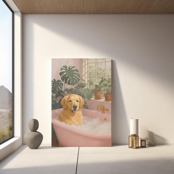 Funny Golden Retriever Art In Bathtub Print Modern Pet Wall Decor Instant
