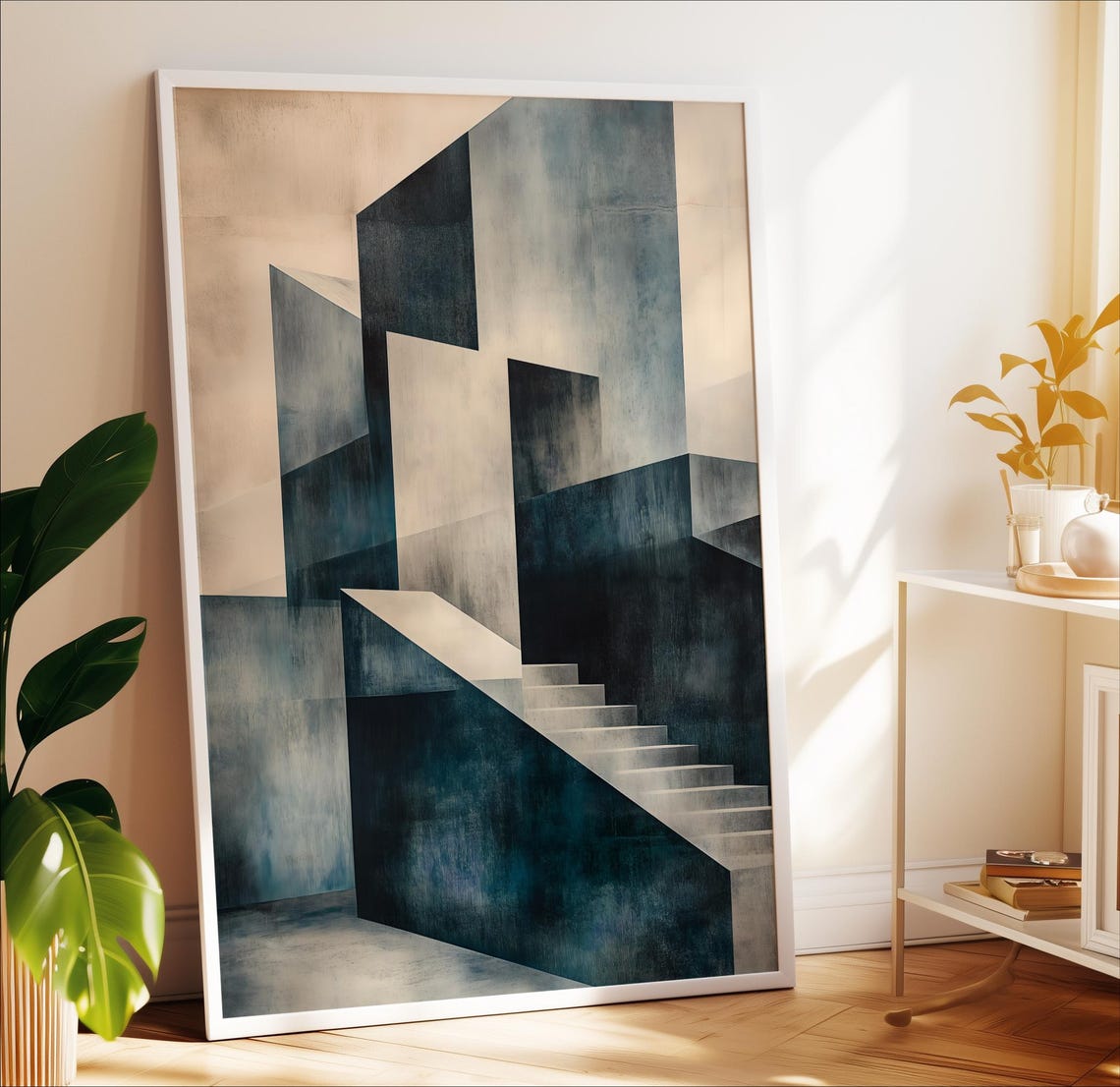 Dramatic Monochrome Geometric Staircase Abstract Blue Gray Wall Art
