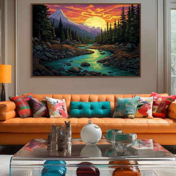 Vibrant Mountain Sunset Forest River Print Nature Inspired Artwork Scenic Landscape Wall Decor