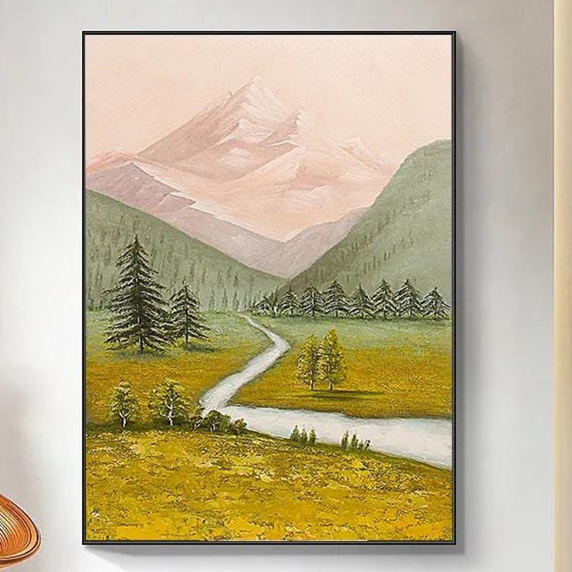 Autumn Valley with Pink Mountains and Winding River Art Poster