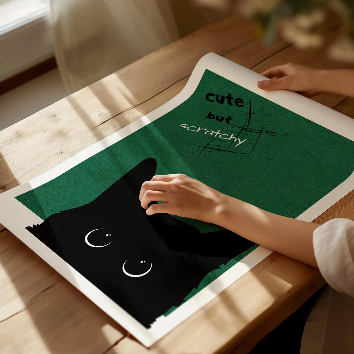 Cute but Scratchy Black Cat Peeking Around on Green Funny Poster - Image 4