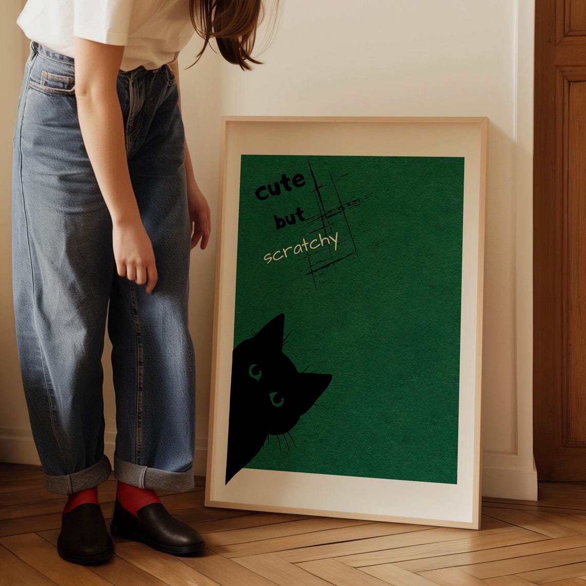 Cute but Scratchy Black Cat Face on Deep Green Scratch Poster - Image 5