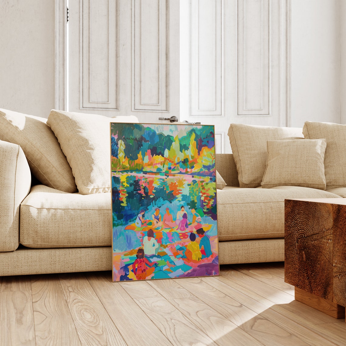 Sunset Lakeside Gathering Friends Colorful Water Scene Poster - Image 2
